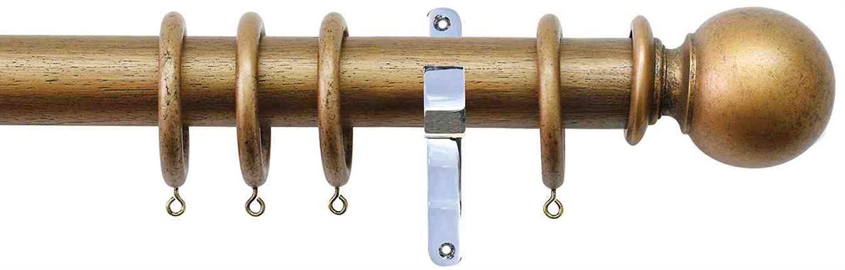 Jones Hardwick 40mm handcrafted wood curtain pole in a Ant Gold  finish  with Ball finials and Chrome metal brackets