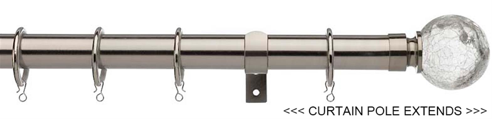 Universal 16/19mm Metal Extendable Curtain Pole, Satin Steel, Crackled Glass