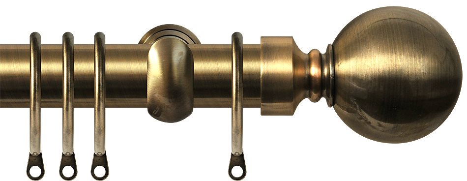 Renaissance 28mm Metal Curtain Pole Antique Brass, Extendable Cup, Plain Ball