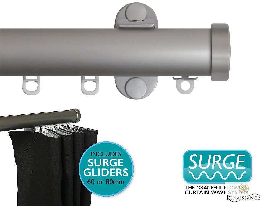 Renaissance 28mm Distinction Surge Metal Curtain Pole Silver Sheen, Endcap