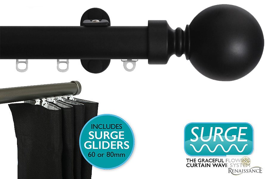 Renaissance 28mm Distinction Surge Metal Curtain Pole Black Sheen, Sphere