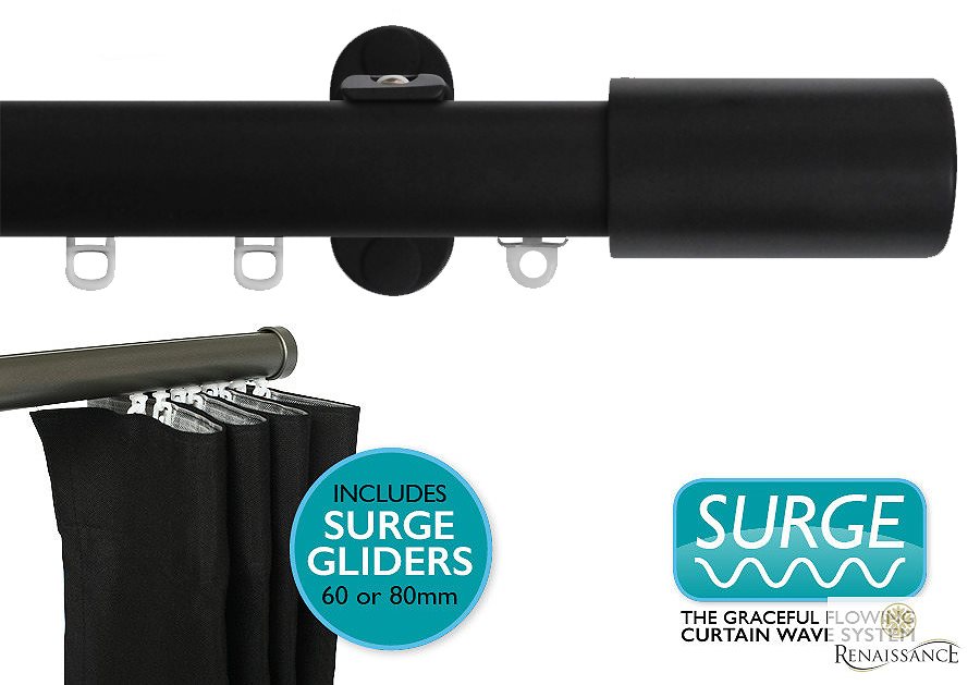 Renaissance 28mm Distinction Surge Metal Curtain Pole Black Sheen, Barrel