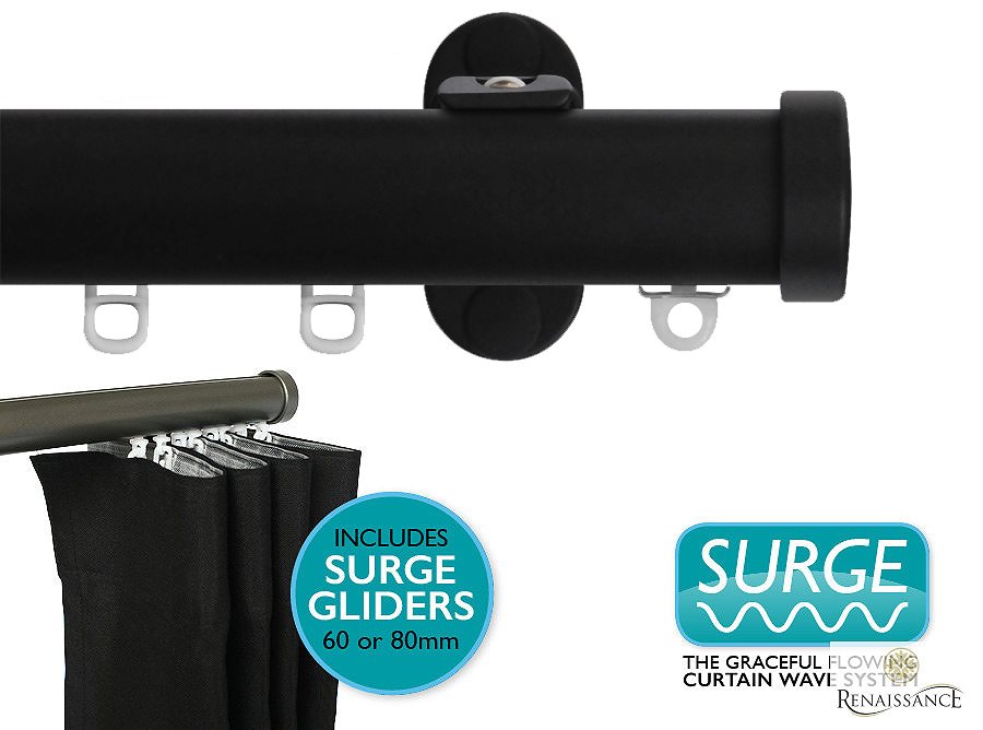 Renaissance 28mm Distinction Surge Metal Curtain Pole Black Sheen, Endcap