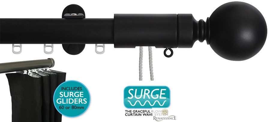 Renaissance 28mm Distinction Corded Surge Curtain Pole Black Sheen, Sphere