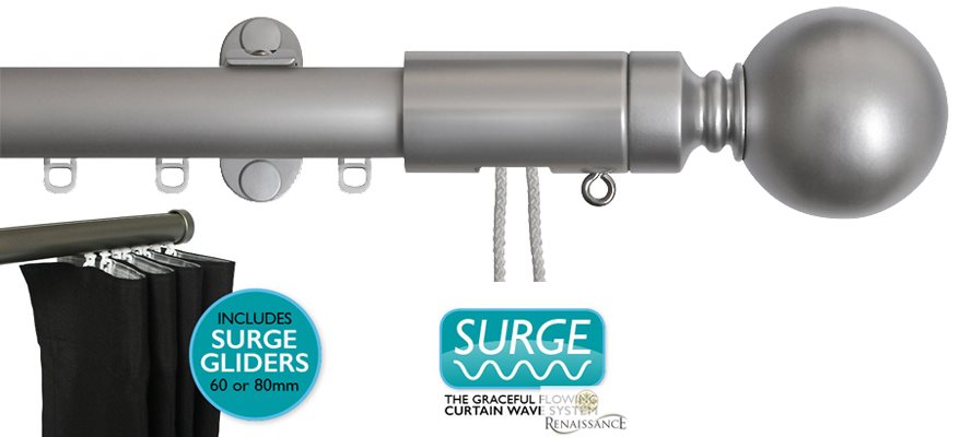 Renaissance 28mm Distinction Corded Surge Curtain Pole Silver Sheen, Sphere