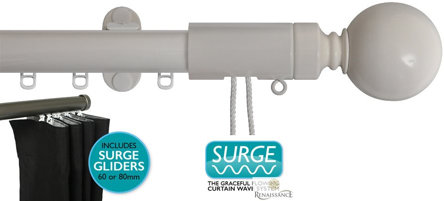 Renaissance 28mm Distinction Corded Surge Curtain Pole White Sheen, Sphere