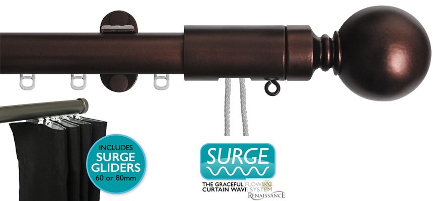 Renaissance 28mm Distinction Corded Surge Curtain Pole Antique Bronze, Sphere