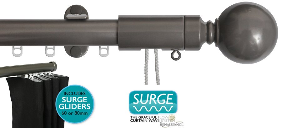 Renaissance 28mm Distinction Corded Surge Curtain Pole Steel Sheen, Sphere