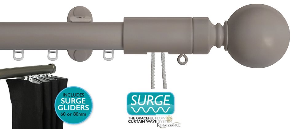 Renaissance 28mm Distinction Corded Surge Curtain Pole Light Grey, Sphere