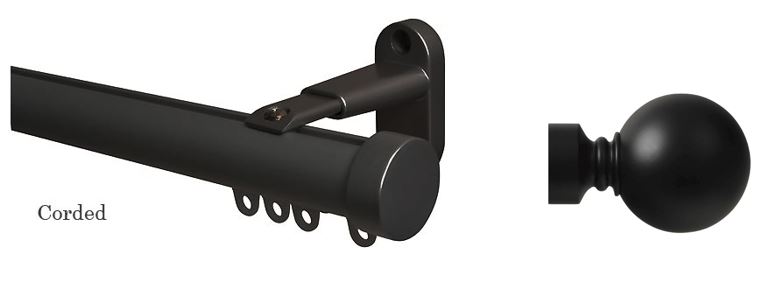 Renaissance Motiva Round Aluminium Corded Curtain Track Black, Ball