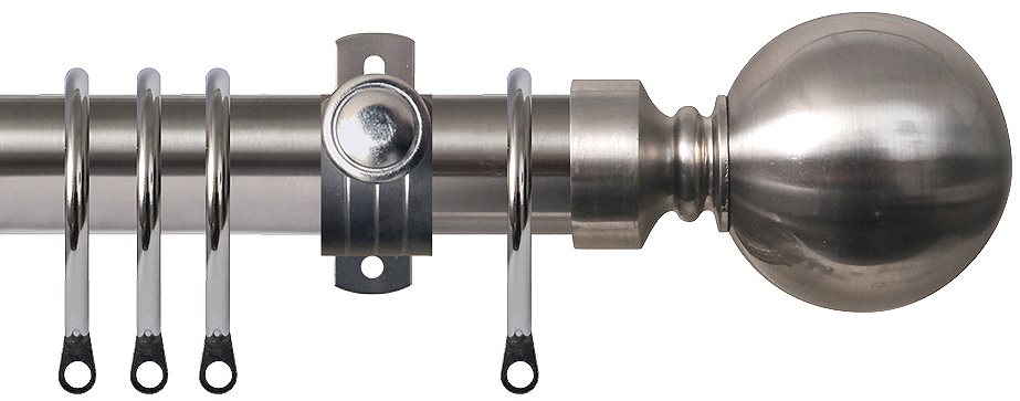 Renaissance 28mm Metal Adjustable Curtain Pole Brushed Nickel, Plain Ball