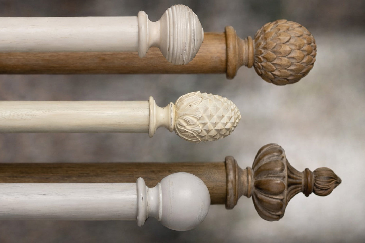 Advent Distressed Wooden Curtain Poles shown in horizontal dispaly.