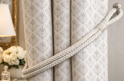 Laura Ashley Gillian tieback in off white on an off white block print curtain