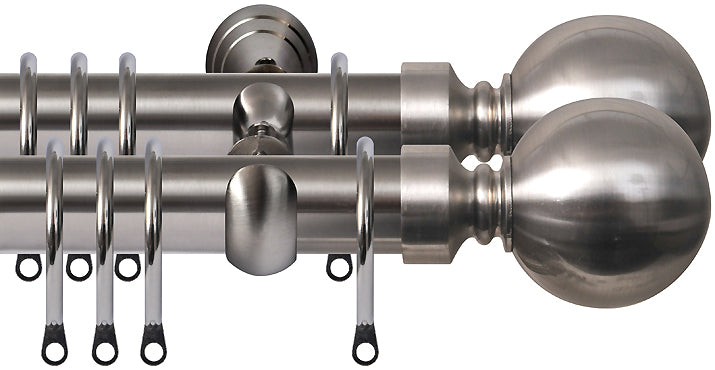 Renaissance 28mm Metal Double Curtain Pole Brushed Nickel, Plain Ball