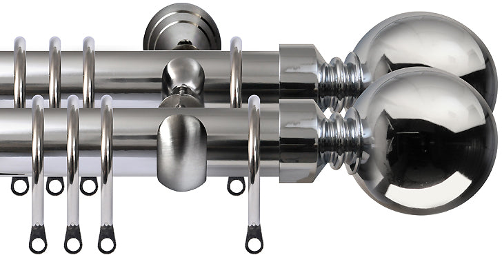 Renaissance 28mm Metal Double Curtain Pole Polished Silver, Plain Ball