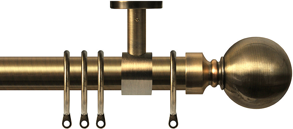 Renaissance 28mm Top Fix Metal Curtain Pole Antique Brass, Plain Ball