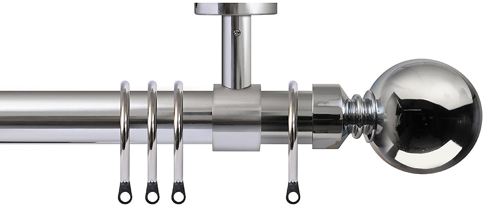 Renaissance 28mm Top Fix Metal Curtain Pole Polished Silver, Plain Ball