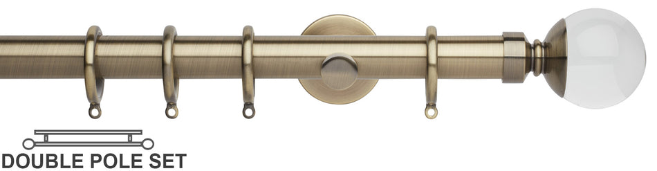 Neo Premium 28mm Double Curtain Pole, Spun Brass, Clear Ball