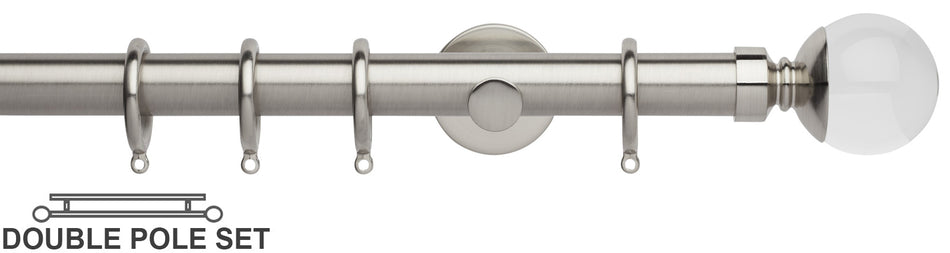 Neo Premium 28mm Double Curtain Pole, Stainless Steel, Clear Ball