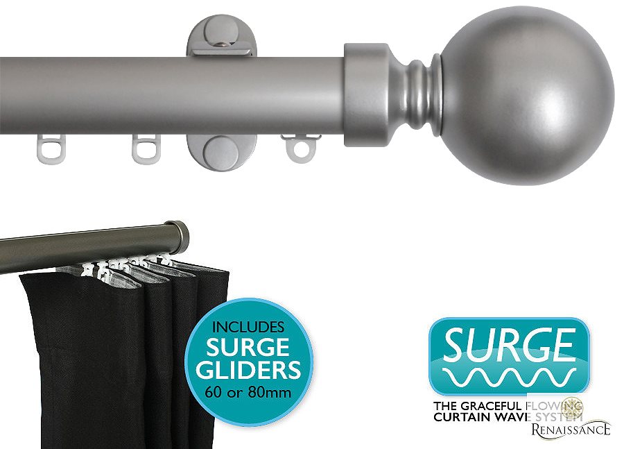 Renaissance 28mm Distinction Surge Metal Curtain Pole Silver Sheen, Sphere