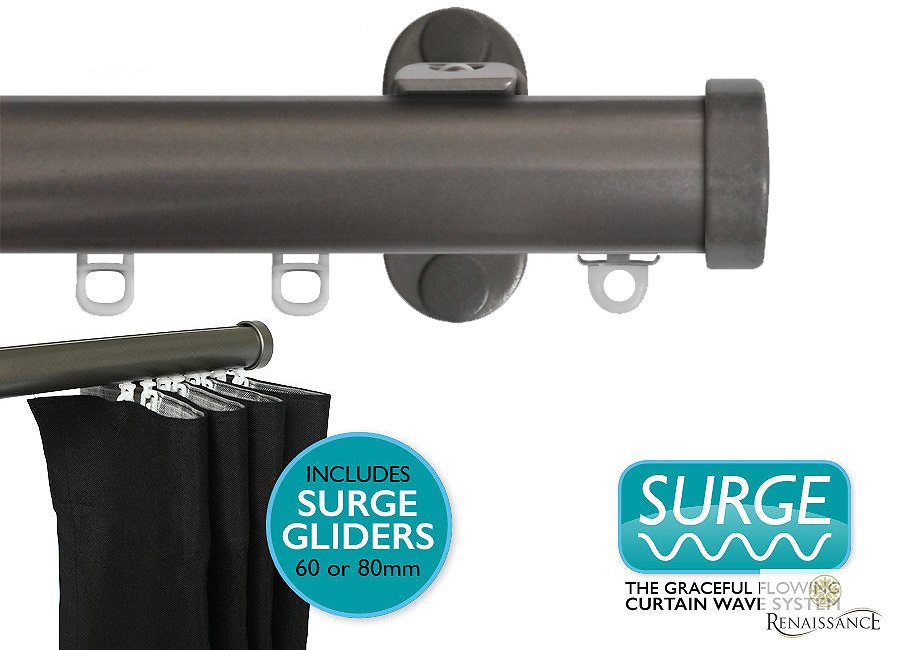 Renaissance 28mm Distinction Surge Metal Curtain Pole Steel Sheen, Endcap