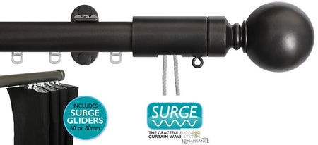 Renaissance 28mm Distinction Corded Surge Curtain Pole Hammered Steel, Sphere