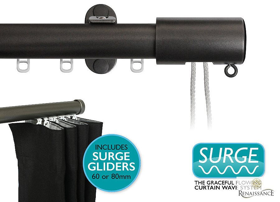Renaissance 28mm Distinction Corded Surge Curtain Pole Hammered Steel, Barrel