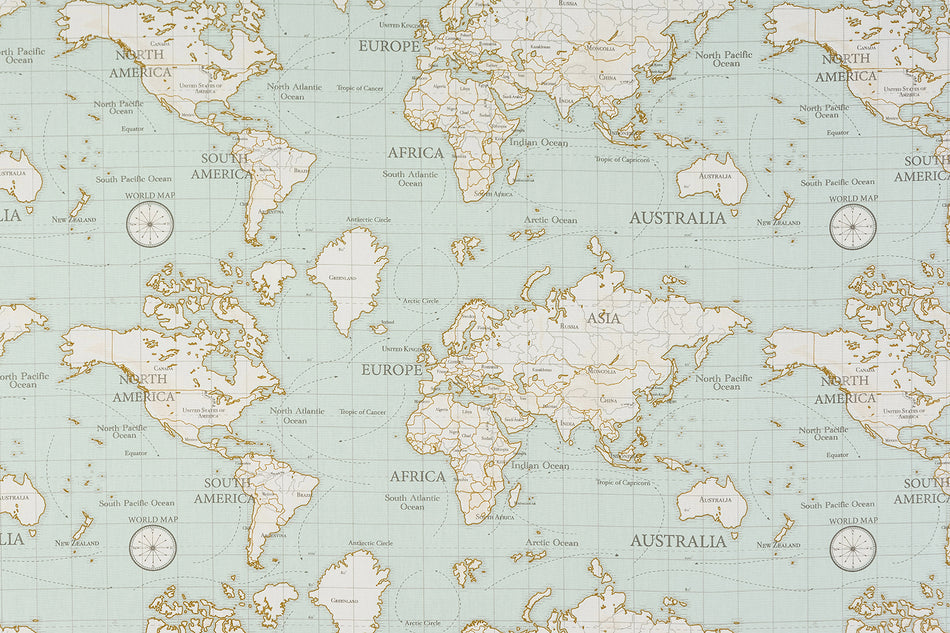 Fryetts Happy Days Maps Duck Egg Fabric