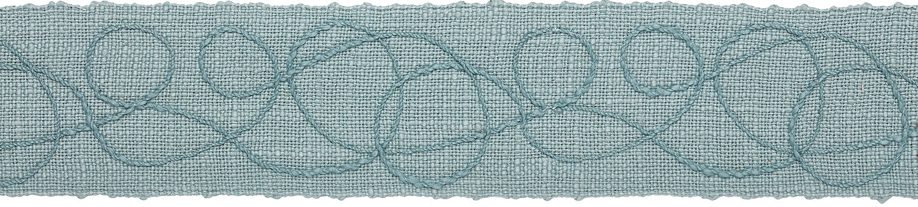 Hallis Prairie 60mm Embroidered Scroll Braid, Mineral Blue