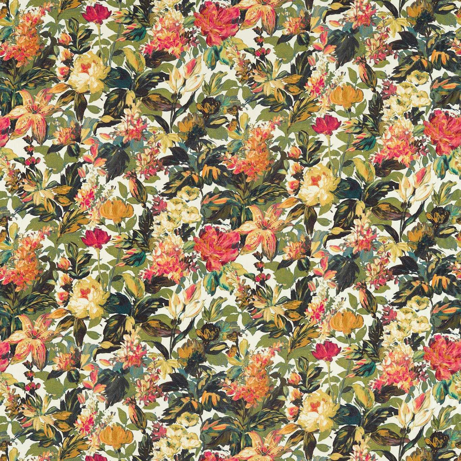 Clarke & Clarke Marianne Lilum Olive/Raspberry Fabric