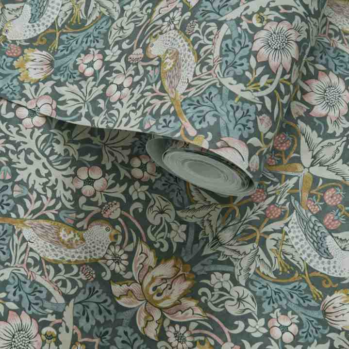 Clarke & Clarke William Morris Strawberry Thief Slate/Blush Wallpaper