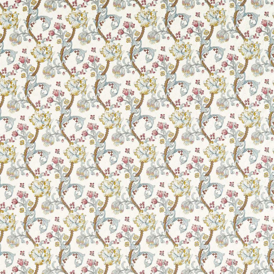 Clarke & Clarke William Morris Weaves Golden Lily Embroidery Plum/Denim Fabric